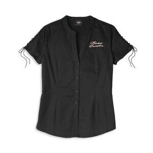 Harley-Davidson Women's Script Font Laced Sleeve Shirt, SMALL - 96115-22VW